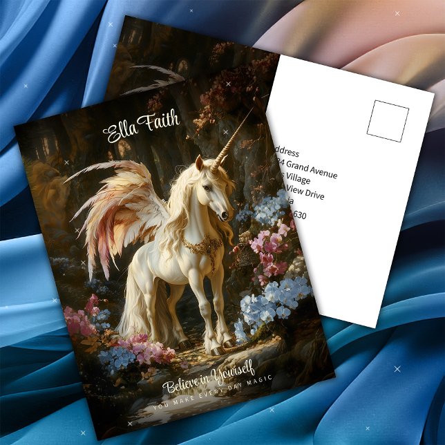 Flügeliger Einhornfantasy-Wald ermutigend Postkarte (Von Creator hochgeladen)