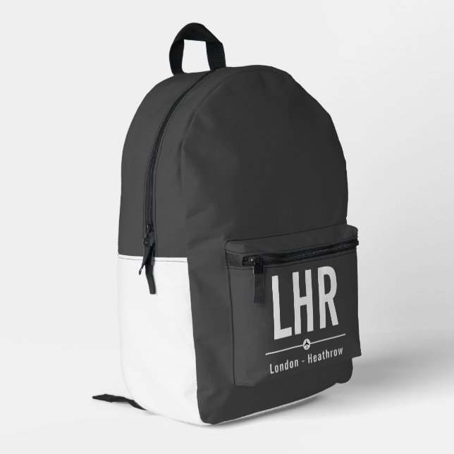 Flughafencode London Heathrow LHR - Luftfahrt Bedruckter Rucksack (Rückseitige Ecke links)