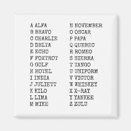 Flugphonetisches Alphabet ALFA BRAVO CHARLIE Magnet
