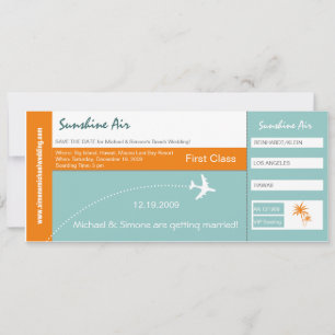 Flugticket Hochzeitseinladung grün orange Einladung
