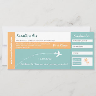 Flugticket-Hochzeitseinladung Türkis Orange Save The Date