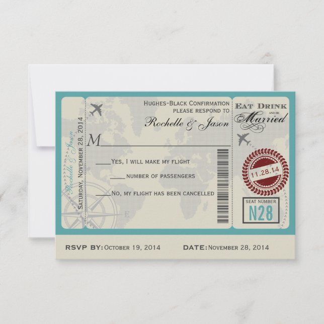 Flugticket Hochzeitsszenario RSVP (Vorderseite)