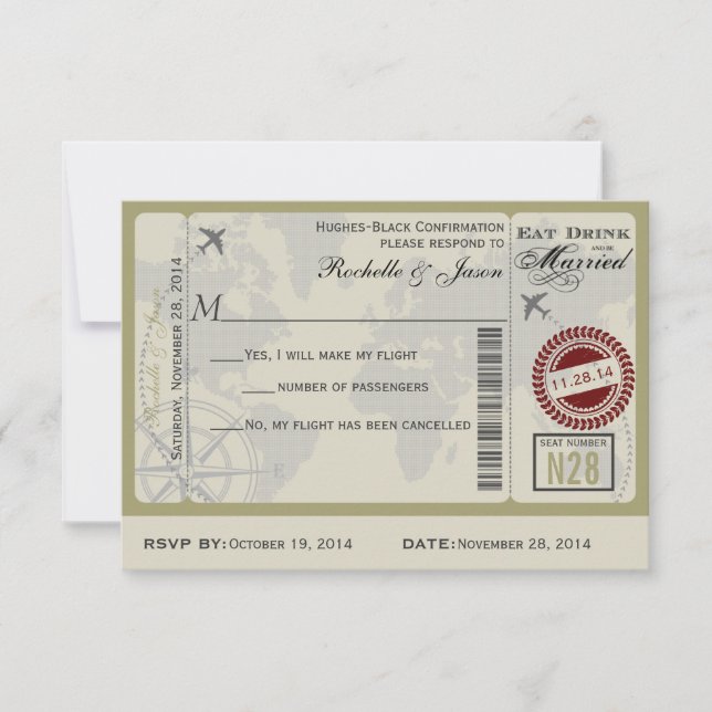 Flugticket Hochzeitsszenario RSVP Einladung (Vorderseite)