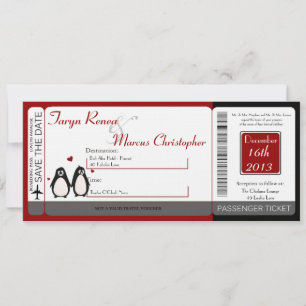 Flugticket Leinen Hochzeitseinladung Pinguin Lov Save The Date