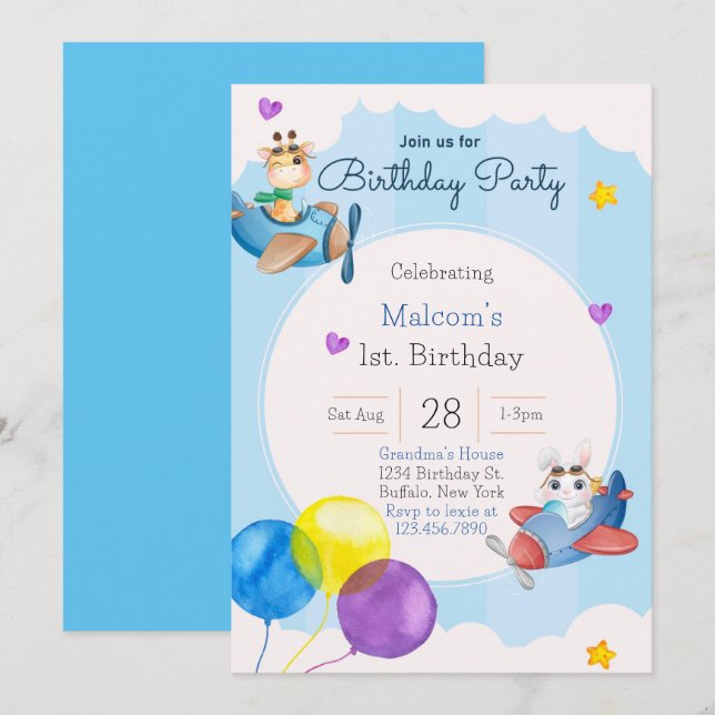 Flugzeug 1. Geburtstag Party Einladung (Vorne/Hinten)