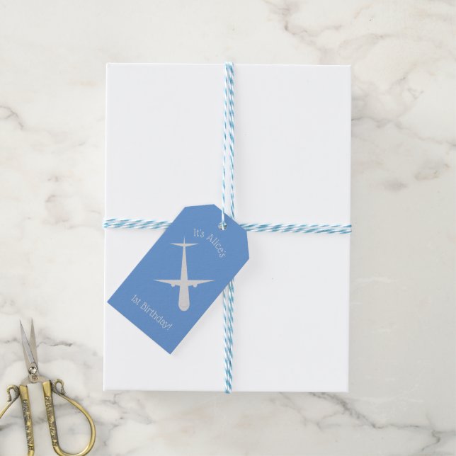 Flugzeug auf blauem Personalisiert Geschenkanhänger (Mit Garn)