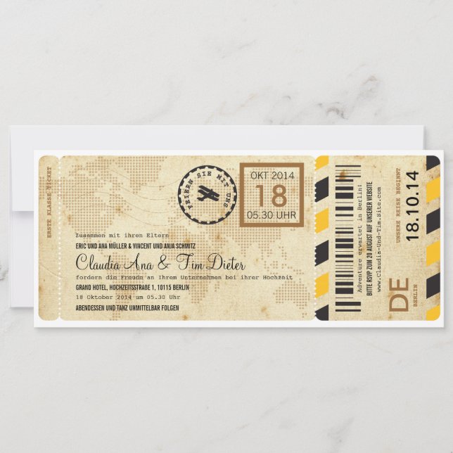 Flugzeug Bordkarte Karte Hochzeitseinladung (Vorderseite)