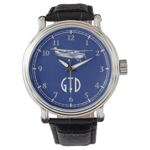 Flugzeug-Chrom-Cessna-Fliegen-Monogramm auf Blau Armbanduhr
