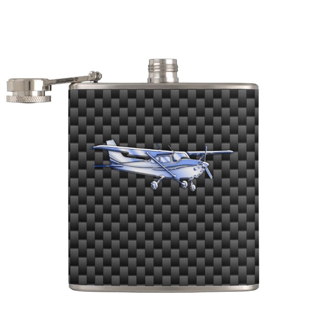 Flugzeug Chrome wie Cessna Black Carbon Fibre Flachmann (Geöffnet)