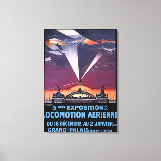 Flugzeug, das über das Suchscheinplakat fliegt Leinwanddruck (Vorderseite)