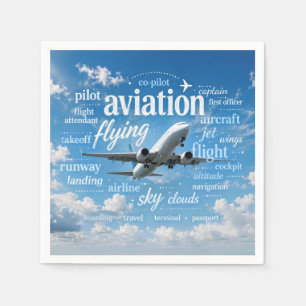 Flugzeug fliegt in einer Wortwolke Serviette