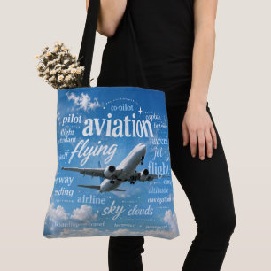 Flugzeug fliegt in einer Wortwolke Tasche