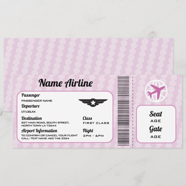 Flugzeug Geburtstag Flugzeug Ticket Party Rosa Ein Einladung (Vorne/Hinten)