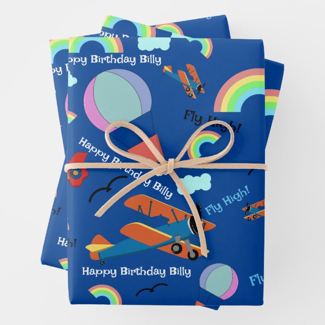 Flugzeug Heißluftballon hinzufügen Boy's Name Gebu Geschenkpapier Set (Beispiel)