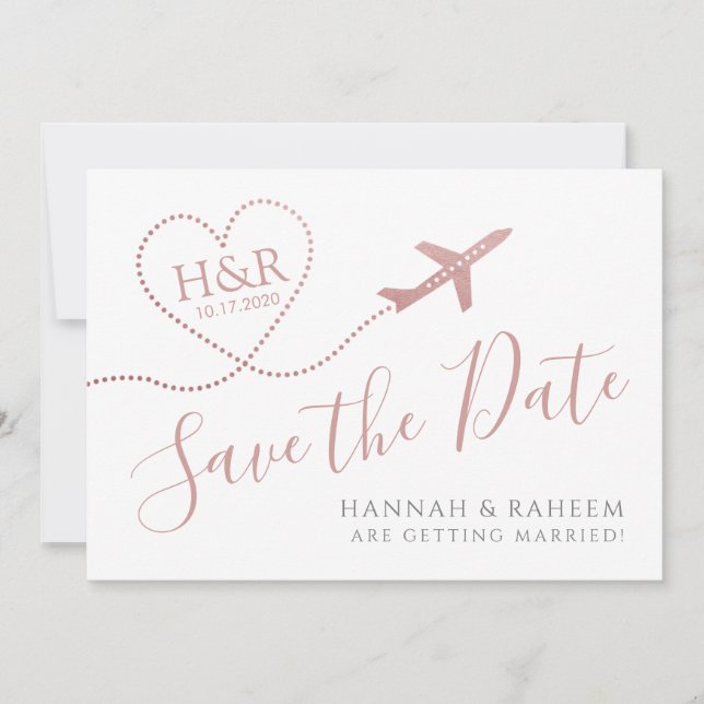 Flugzeug Herz rosa Niedliche Hochzeit in Urlaubsor Save The Date (Vorderseite)