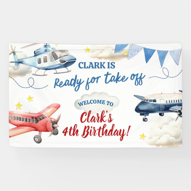 Flugzeug Junge 4. Geburtstag großes Banner (Horizontal)