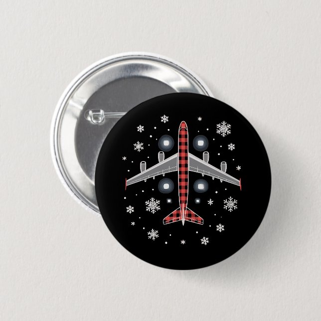 Flugzeug Kariert Weihnachten Pilot Button (Vorne & Hinten)