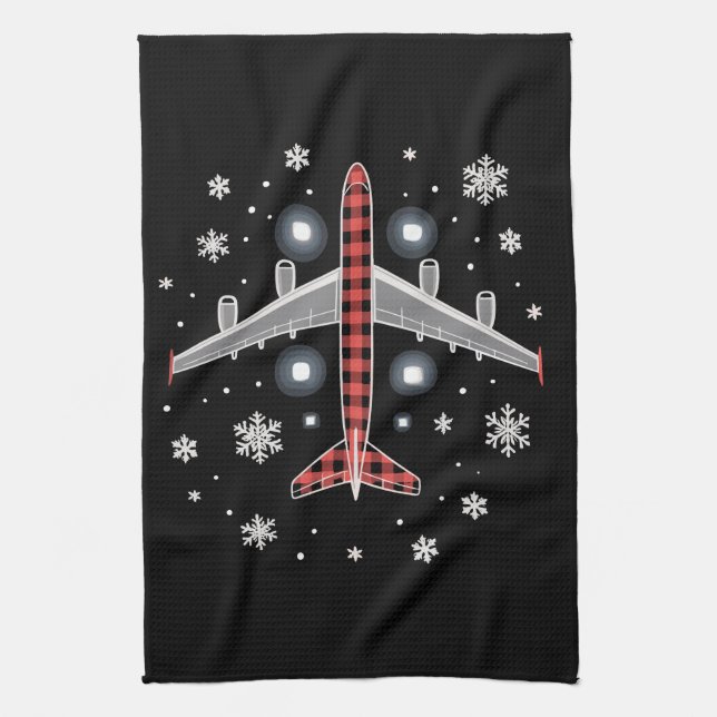 Flugzeug Kariert Weihnachten Pilot Geschirrtuch (Vertikal)