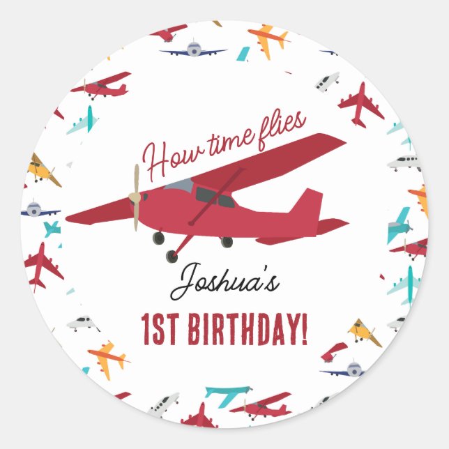 Flugzeug Kids 1. Geburtstag Party Zeitfliegen Runder Aufkleber (Vorderseite)