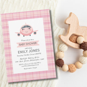 Flugzeug Mädchen Süße Babyparty Rosa und Grau Einladung