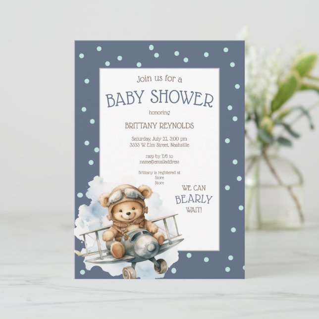 Flugzeug mit Blue Bear Baby Dusche Einladung (Stehend Vorderseite)
