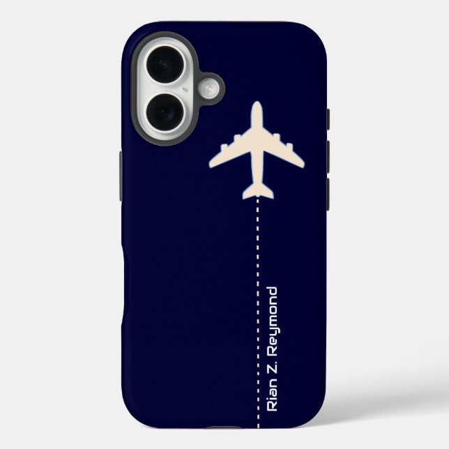 Flugzeug mit gepunkteter Linie auf dunkelblau iPhone 16 Hülle (Rückseite)