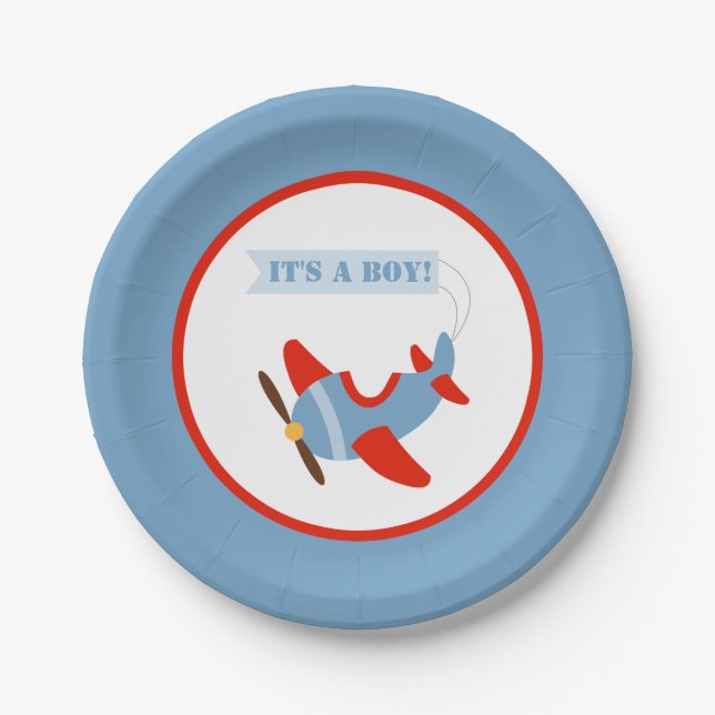 Flugzeug-rote blauer Jungen-Babyparty Pappteller (Vorderseite)