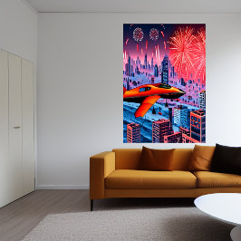 Flugzeug, Stadt und Feuerwerk | AI Art Poster