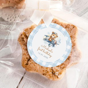Flugzeug Teddy Bear Blue 1. Geburtstag Runder Aufkleber