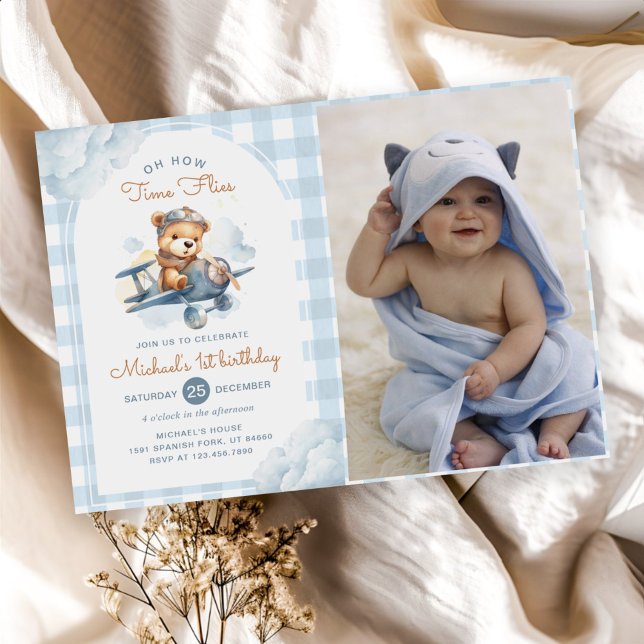 Flugzeug Teddy Bear Blue Time Fliegt Birthday Foto Einladung (Von Creator hochgeladen)