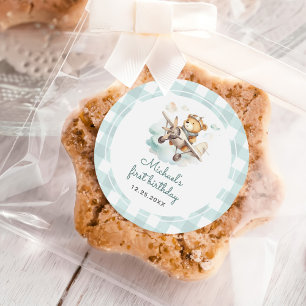 Flugzeug Teddy Bear Pastel Gingham 1. Geburtstag Runder Aufkleber