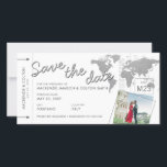 Flugzeug Ticket Boarding Pass Foto Save the Date<br><div class="desc">Silver,  Black and White Creative Travel Themed Hochzeit in Urlaubsort Save the Date Card,  die aussieht wie ein Boarding Pass oder Flugzeug Ticket mit Platz für 2 Fotos von Ihren Reisen zusammen oder Verlobung Fotos.</div>