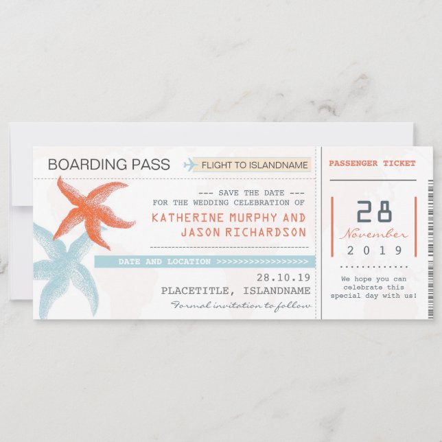 Flugzeug Tickets Boarding Pass Save the Date Desig (Vorderseite)
