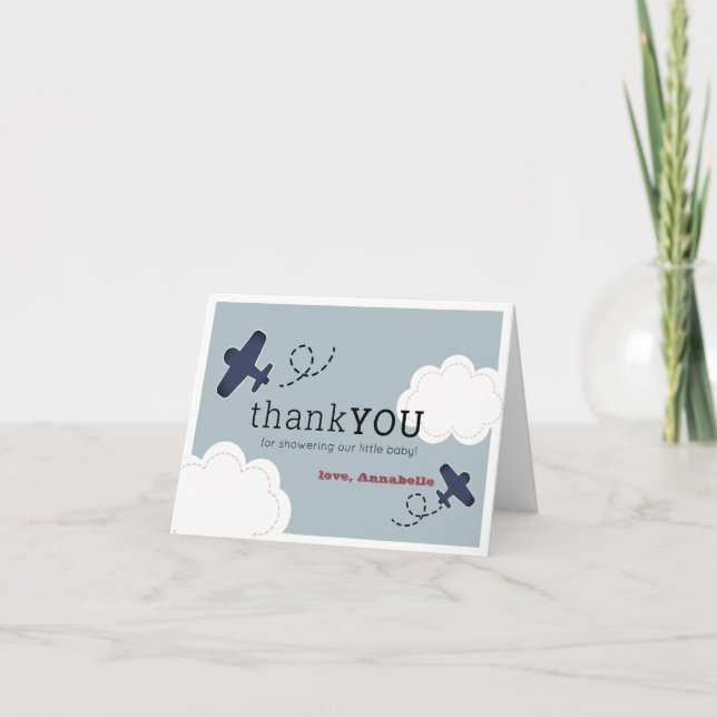 Flugzeug Wolken Blue Sky Boy Baby Dusche Dankeskarte (Vorderseite)