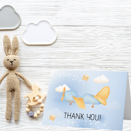 Flugzeug, Wolken & Sterne, Blau, Baby Boy, Niedlic Dankeskarte