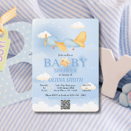 Flugzeug, Wolken & Sterne, Blau, Baby Boy, Niedlic Einladung