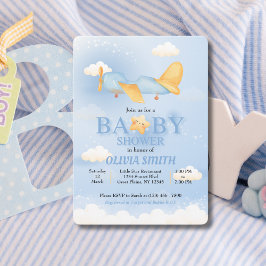 Flugzeug, Wolken & Sterne, Blau, Baby Boy, Niedlic Einladung