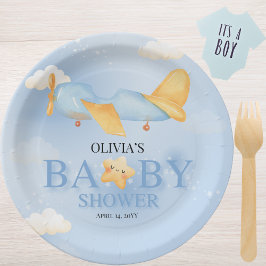 Flugzeug, Wolken & Sterne, Blau, Baby Boy, Niedlic Pappteller