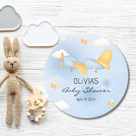 Flugzeug, Wolken & Sterne, Blau, Baby Boy, Niedlic Runder Aufkleber