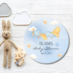 Flugzeug, Wolken & Sterne, Blau, Baby Boy, Niedlic Runder Aufkleber
