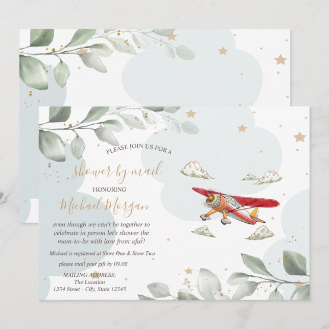 Flugzeug, Wolken, Sterne, Kinderdusche per Post Einladung (Vorne/Hinten)