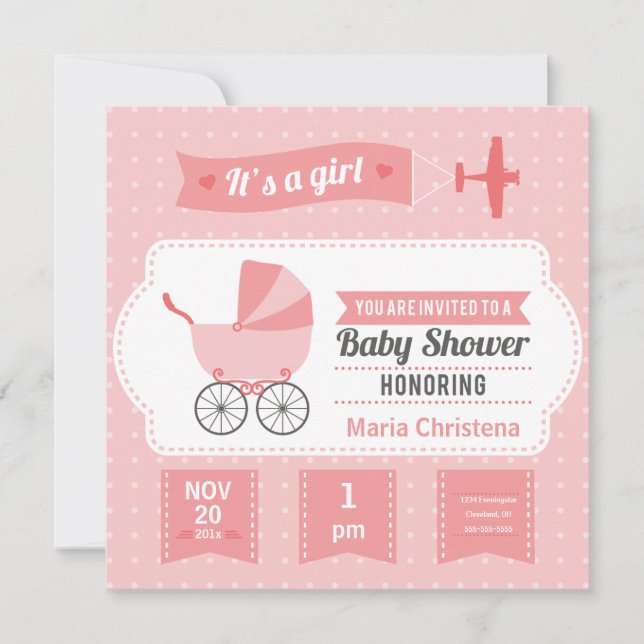 Flugzeugbanner - Einladung zur Kinderdusche (Rosa) (Vorderseite)
