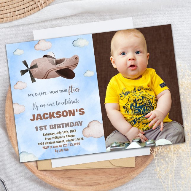 Flugzeuge Einladung zum Geburtstag braun mit Foto (Airplane Birthday Invitations Brown with photo)