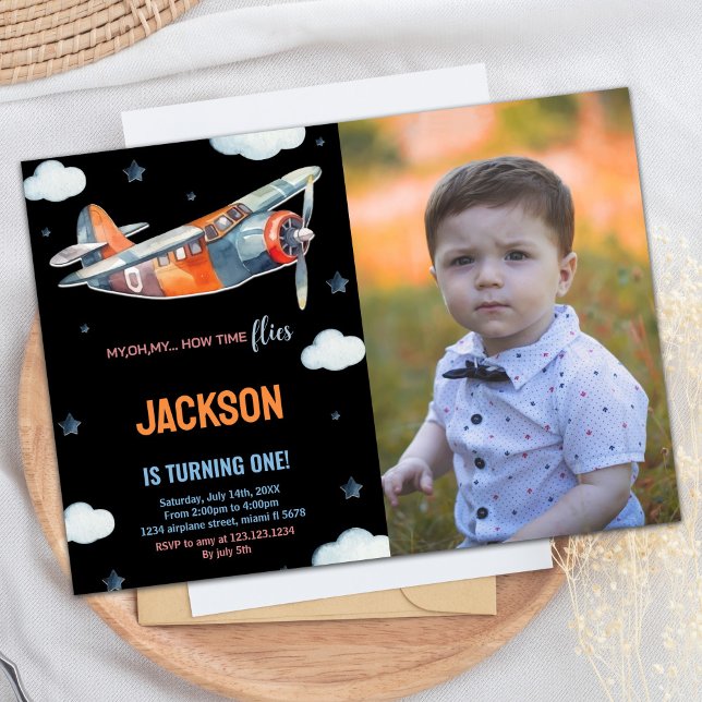 Flugzeuge Geburtstagseinladungen Schwarzes Orange  Einladung (Airplane Birthday Invitations Black Orange w Photo)