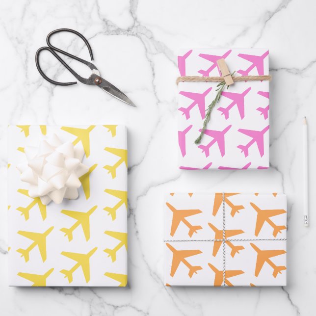 Flugzeuge Gelb-Rosa-Reisen Pilot Spaß Geschenkpapier Set (Vorderseite)