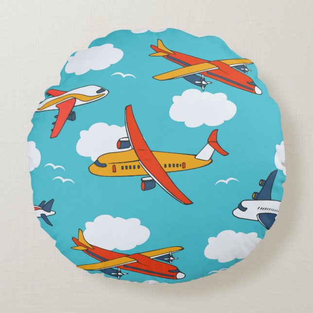 Flugzeuge und Wolken, nahtlose Kinderhütte Rundes Kissen (Vorderseite)