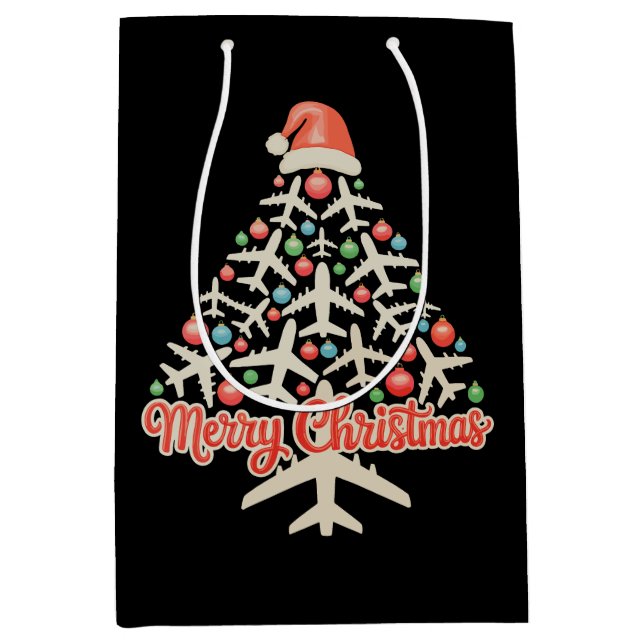 Flugzeuge Weihnachtsbaum Pilot Xmas Urlaubsfamilie Mittlere Geschenktüte (Vorderseite)
