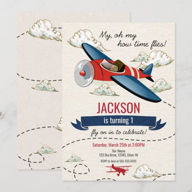 Flugzeuge zum Geburtstag Einladung Vintagen Zeitfl (Vorne/Hinten)