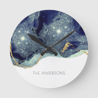 Fluid Abstrakt Alcohol Ink Gold Navy Glitzern Runde Wanduhr