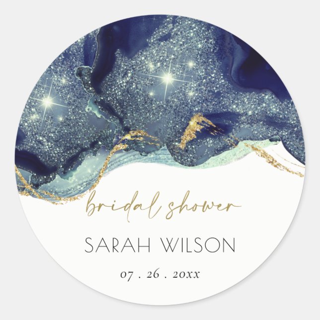 Fluid Abstrakt Ink Gold Navy Glitzer Brautparty Runder Aufkleber (Vorderseite)